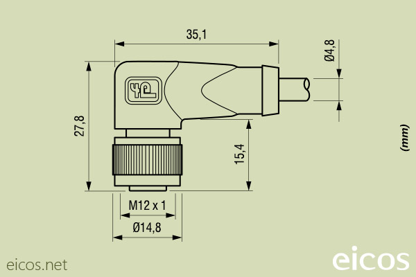 Dimensiones del conector hembra M12 90° con cable de 2 metros