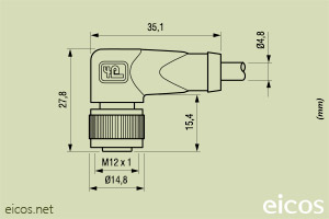 Haga clic para ampliar Dimensiones del conector hembra M12 90° con cable de 5 metros Dimensiones del conector hembra M12 90° con cable de 5 metros