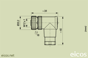 Haga clic para ampliar Dimensiones del conector hembra M12 90° Dimensiones del conector hembra M12 90°