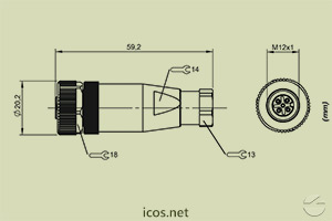 Haga clic para ampliar Dimensiones del Conector M12 hembra sin cable Dimensiones del Conector M12 hembra sin cable