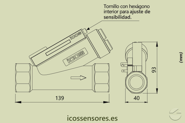 Dimensiones del sensor de flujo Eicos FC34B04