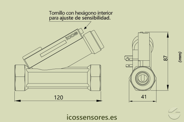 Dimensiones del sensor de flujo Eicos FH12B02