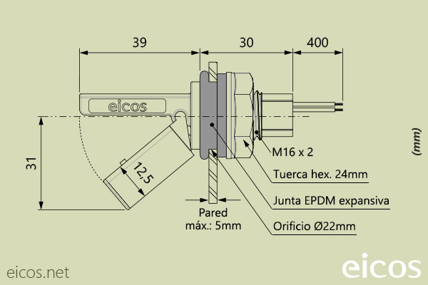 Dimensiones del sensor de nivel LF222E-40