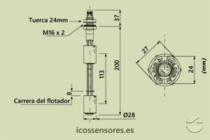 Haga clic para ampliar Dimensiones del sensor de nivel LE202-1-M12 Dimensiones del sensor de nivel LE202-1-M12