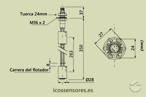 Haga clic para ampliar Dimensiones del sensor de nivel LE352-1-M12 Dimensiones del sensor de nivel LE352-1-M12