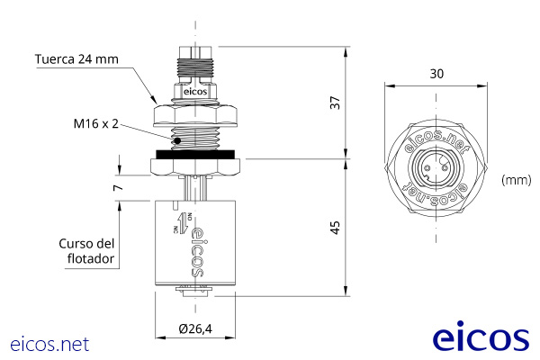 Dimensiones del sensor de nivel LC36-M12