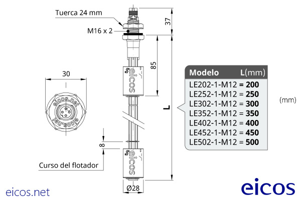 Dimensiones del sensor de nivel LE202-1-M12