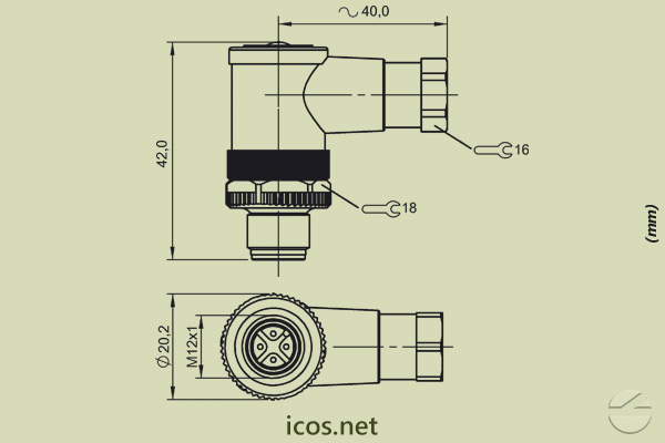 Dimensiones del conector macho M12 90°