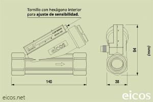 Haga clic para ampliar Dimensiones del sensor de flujo Eicos FC34B02-M12 Dimensiones del sensor de flujo Eicos FC34B02-M12