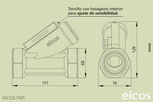 Dimensiones del sensor de flujo Eicos FJ112B02