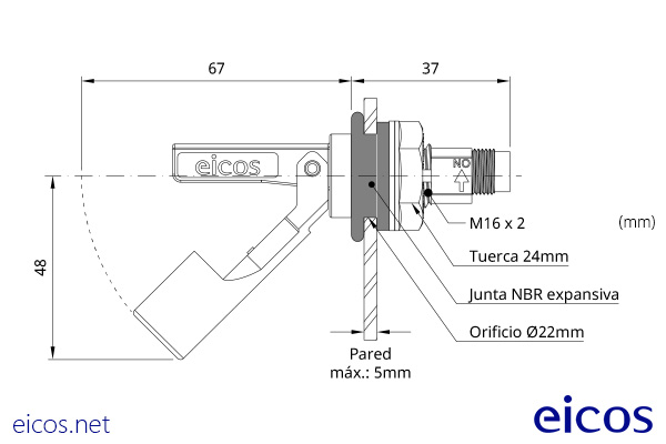Dimensiones del sensor de nivel LA322E-M12