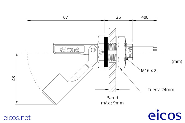 Dimensiones del sensor de nivel LA16M-40