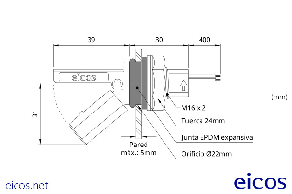 Dimensiones del sensor de nivel LF322E-40