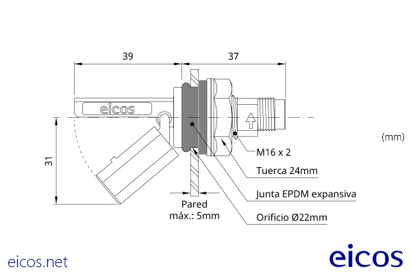 Dimensiones del sensor de nivel LF322E-M12