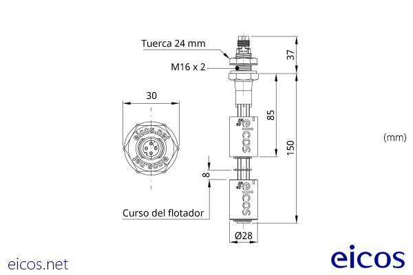 Dimensiones del sensor de nivel LE152-1-M12